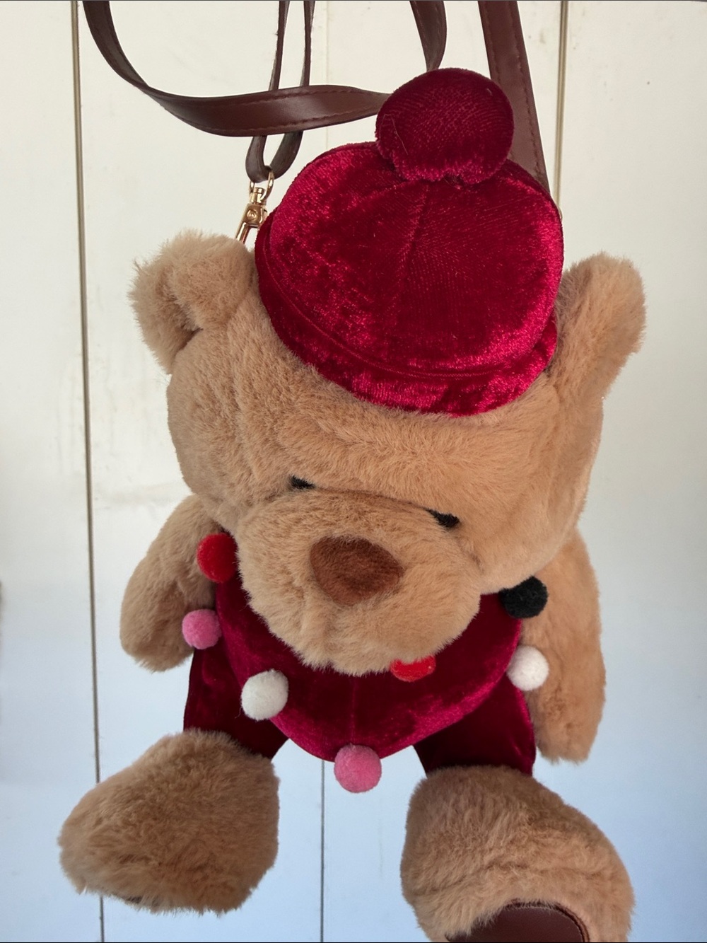 Plush Brown Bear Crossbody Bag with Red Velvet Hat - Kids Stuffed Animal Purse